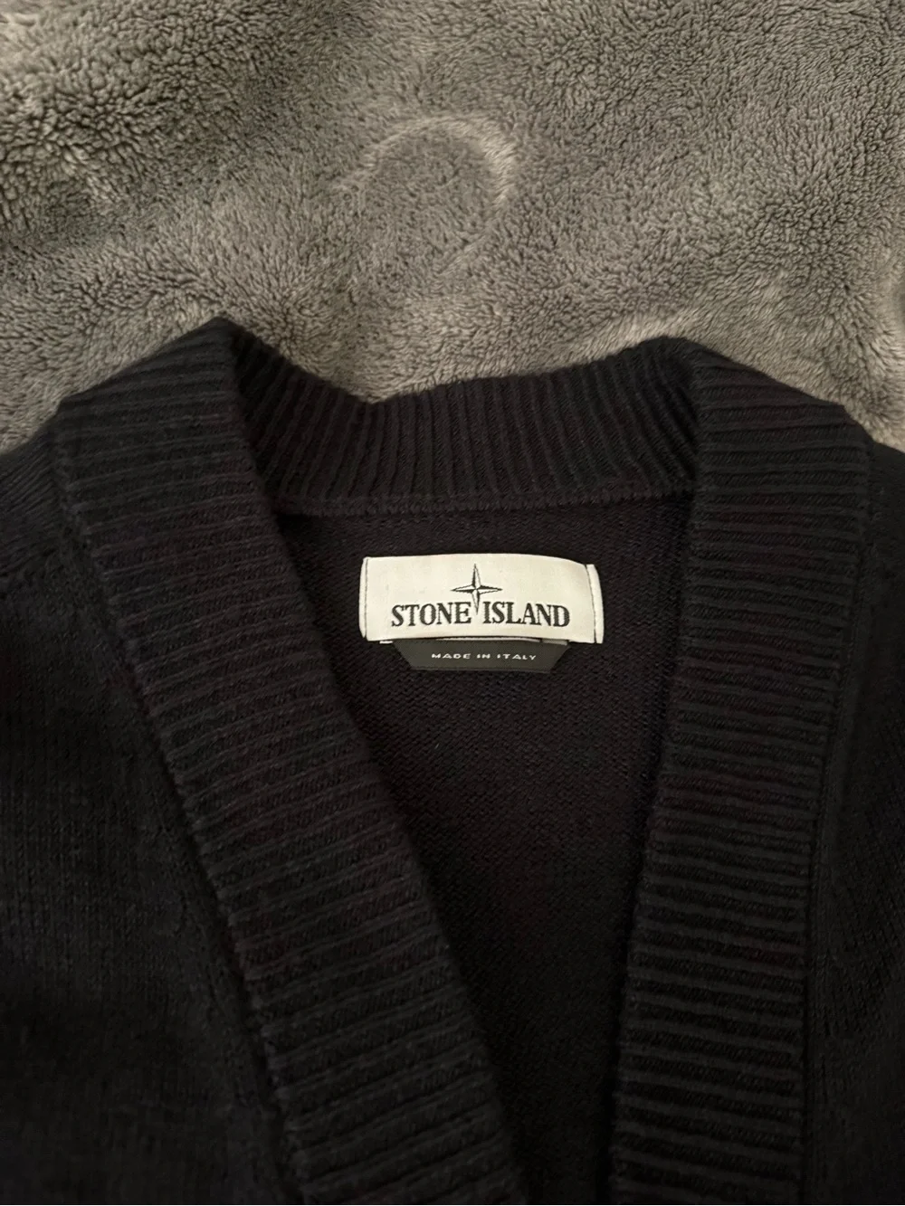 Stone Island Black Button-Front Wool Cardigan with Compass Badge